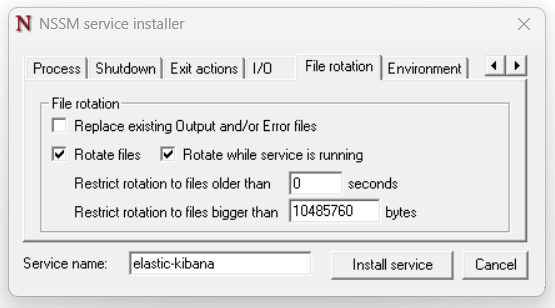 install windows kibana nssm log rotation